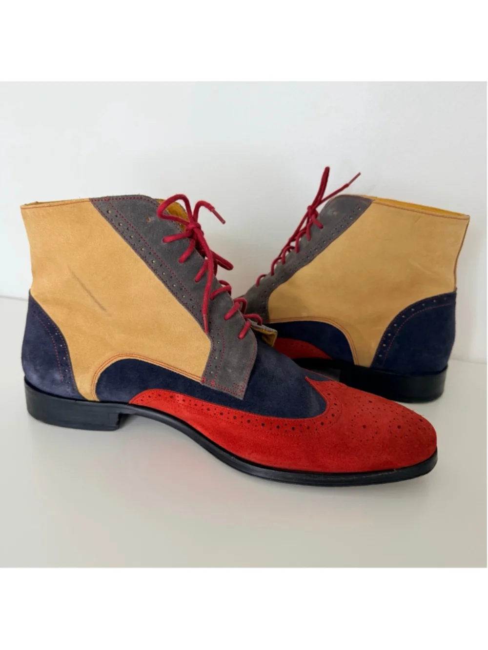 UNDANDY Men's Suede Wingtip Brogue Chukka Boots Size 12 Navy Mustard Red Gray